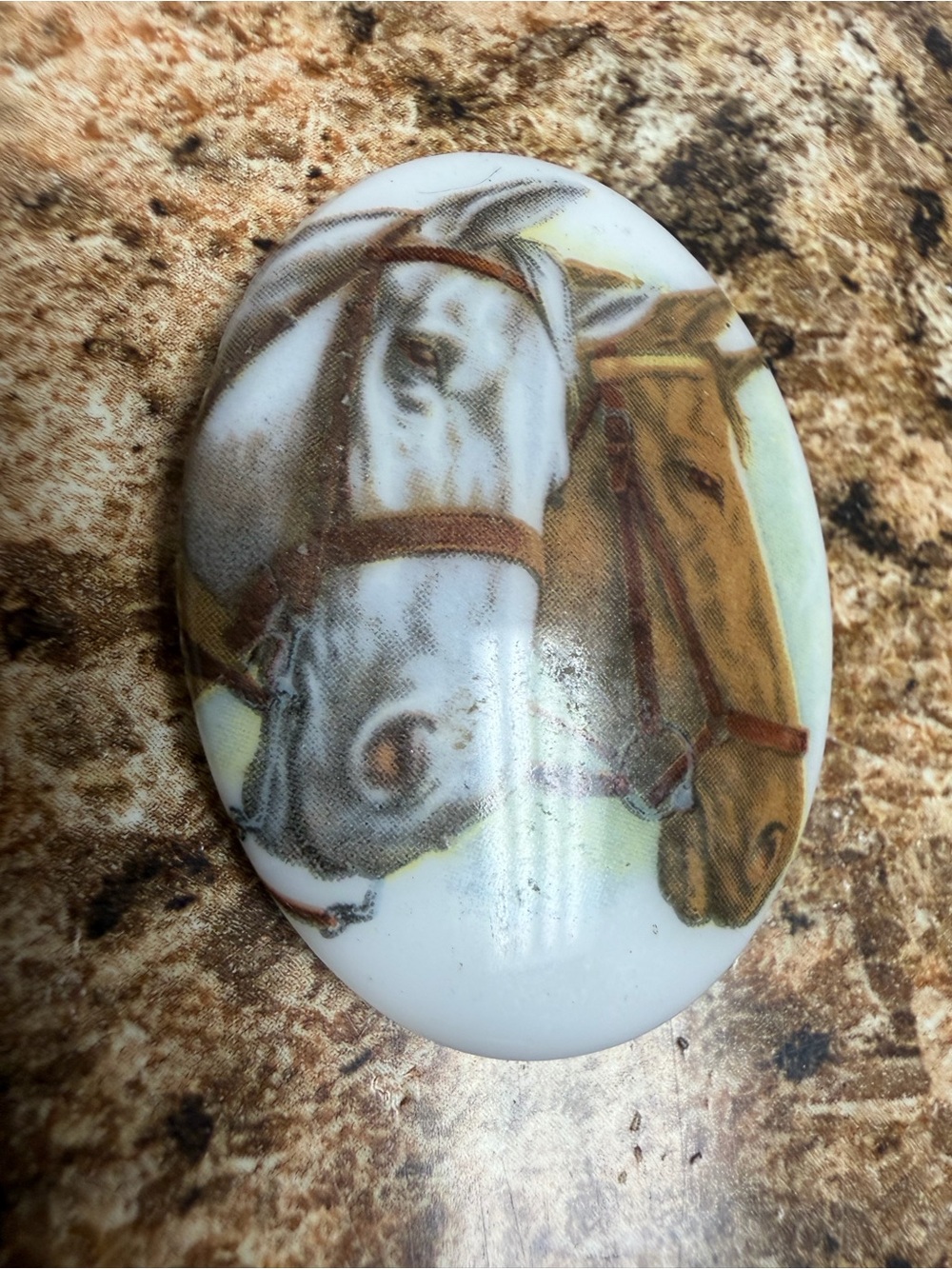 Vintage Porcelain Horse Cabochon Equestrian Brooch Jewelry Component Oval